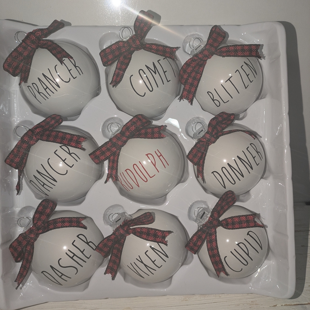 Festive Glass Ornaments Red Buffalo Check Plaid Bows Rae Dunn Inspired Set Of 9